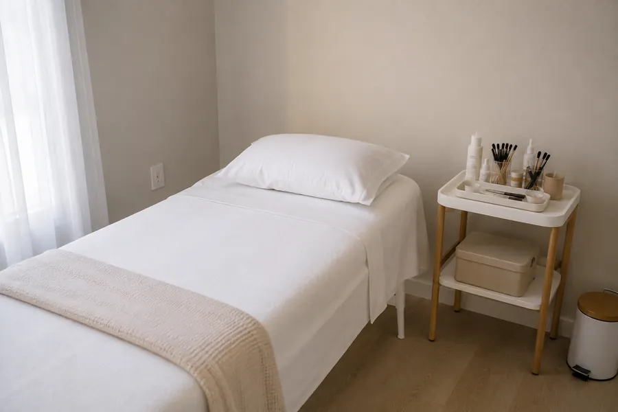 Maca montada num canto simples, com os materiais numa mesinha ao lado