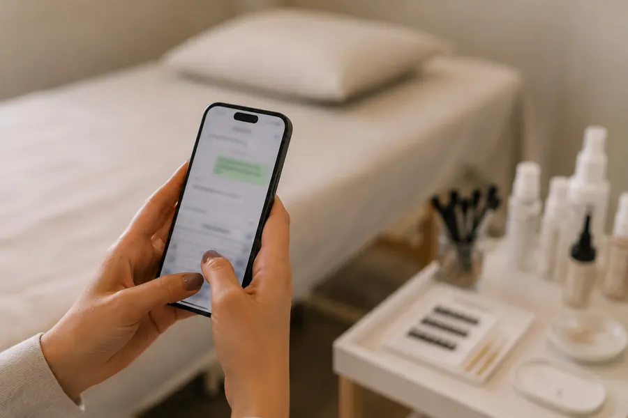 Mãos digitando uma dúvida no celular durante o atendimento