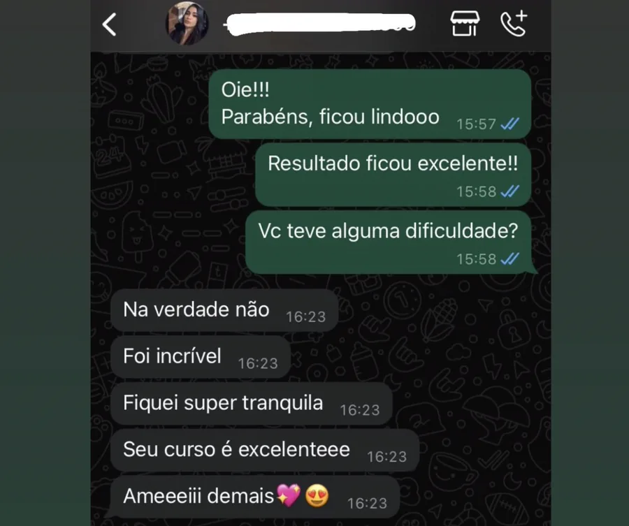 Aluna: foi incrivel, fiquei super tranquila, seu curso e excelente