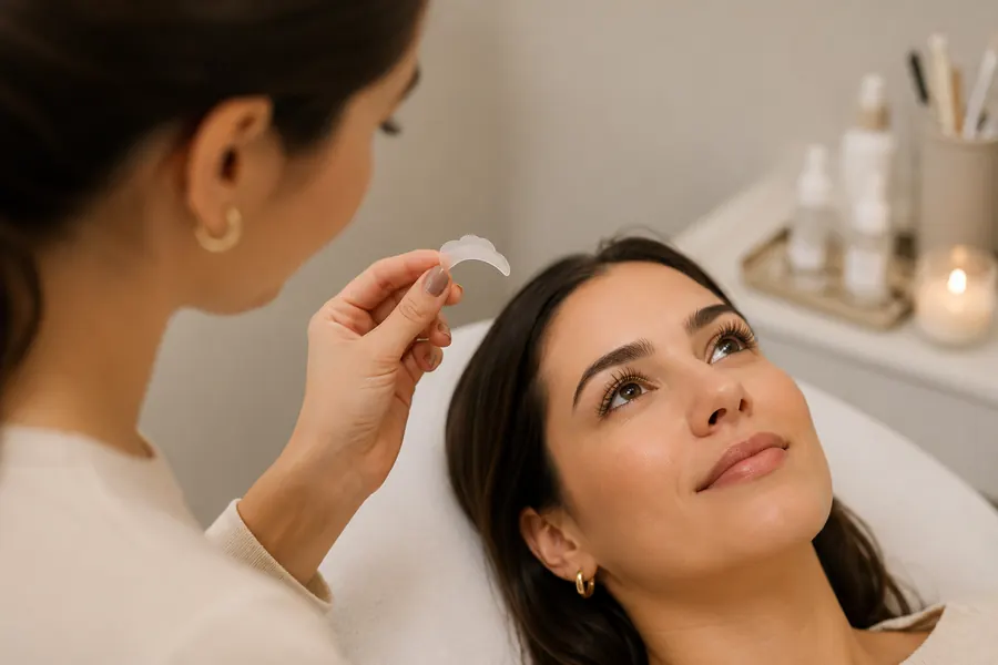 Profissional comparando o molde de silicone com o olho da cliente