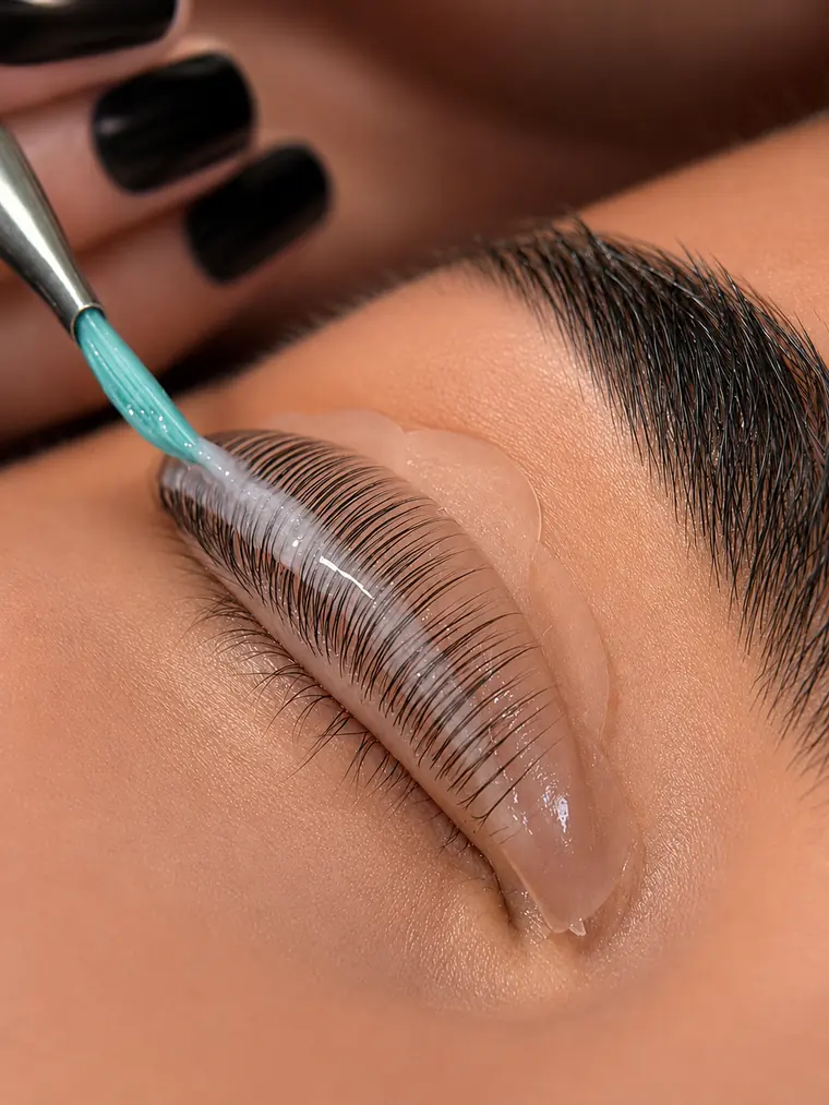 Lash Lifting durante a aplicação, com o fío no molde